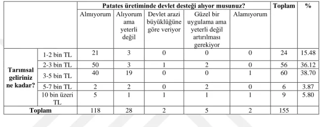 Tablo 5.8. Tarımsal gelir ile patates üretiminde devlet desteği arasındaki ilişki 