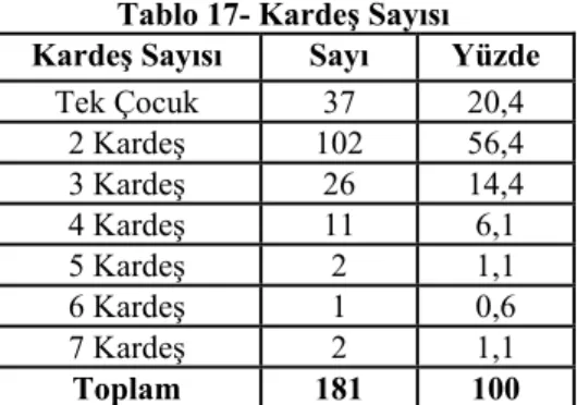 Tablo 17- Kardeş Sayısı 