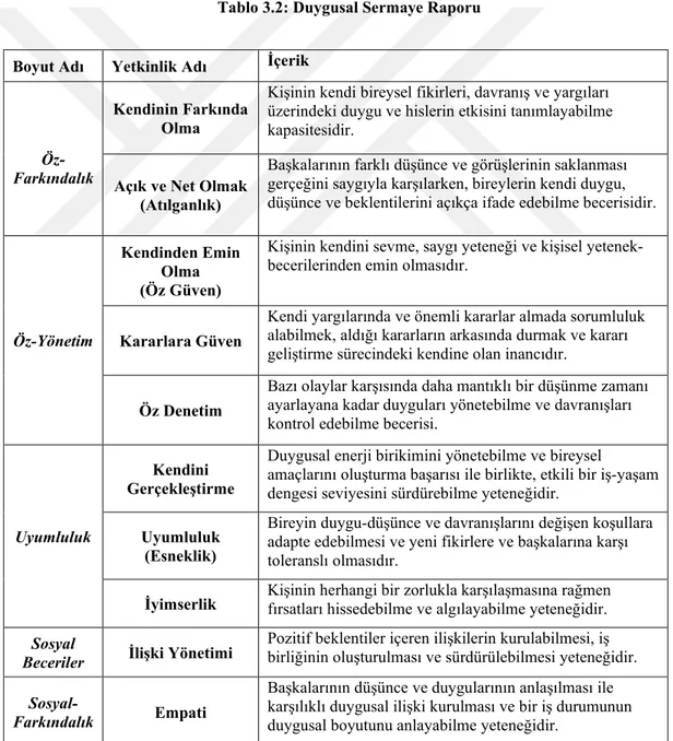 Tablo 3.2: Duygusal Sermaye Raporu  Boyut Adı  Yetkinlik Adı  İçerik 