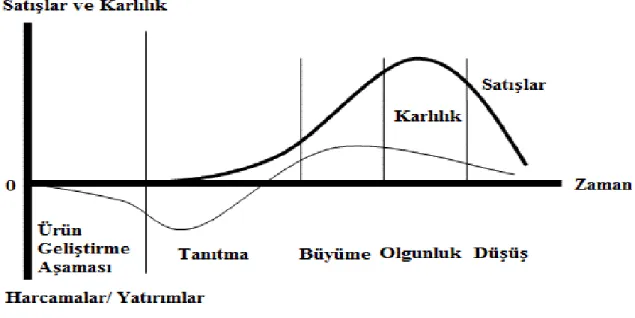 Şekil 1: Ürün Yaşam Eğrisi  Kaynak:  Kotler, Bowen ve Makens, 2003: 335