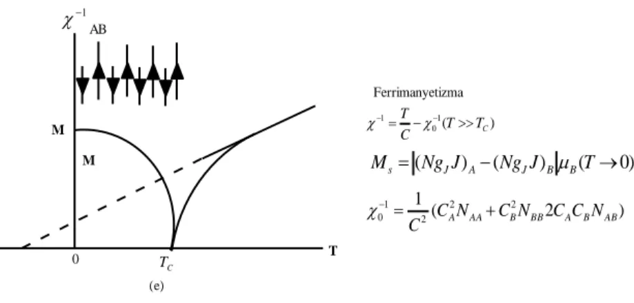 Şekil  4.1.  Farklı  manyetik  malzemelerde  M  manyetizasyonun,    manyetik  alınganlığın   veya    alınganlığın  tersinin  sıcaklığa  bağlılığının  özeti