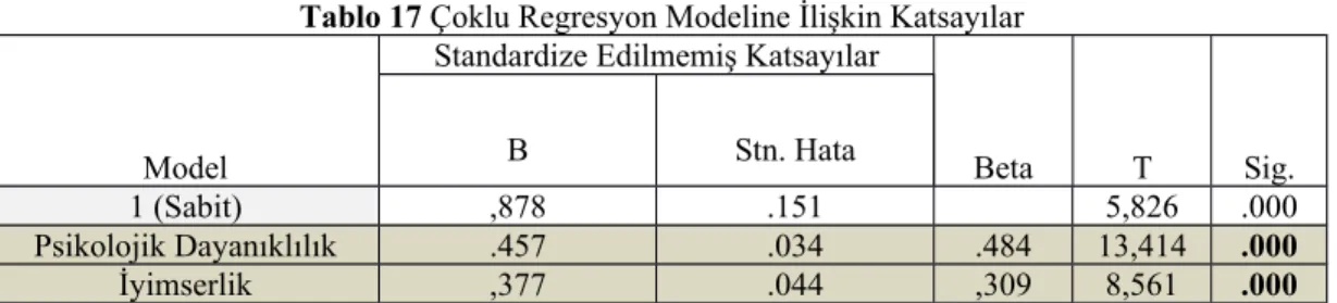 Tablo 17 Çoklu Regresyon Modeline İlişkin Katsayılar