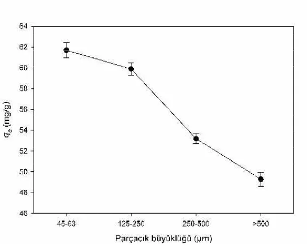 Şekil  4.2. BK’nın  parçacık  büyüklüğünün  RR  120’nin  adsorpsiyonu  üzerine  etkisi (C 0 =100 mg/l)
