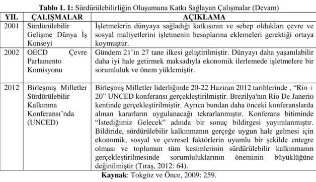 Tablo 1. 1:  Sürdürülebilirliğin Oluşumuna Katkı Sağlayan Çalışmalar (Devam) 