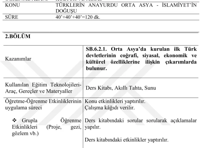 Tablo 7: 1. Hafta Ders Planı 