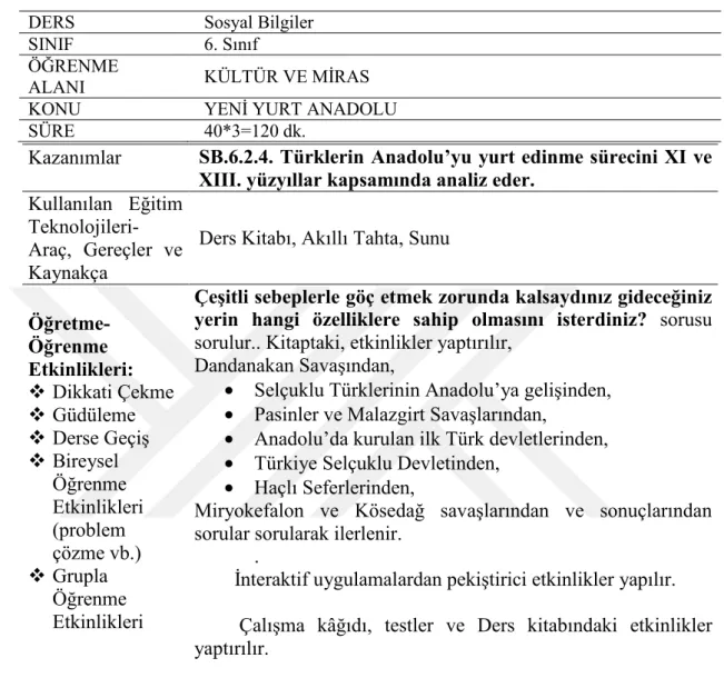Tablo 10: Dördüncü hafta ders planı 