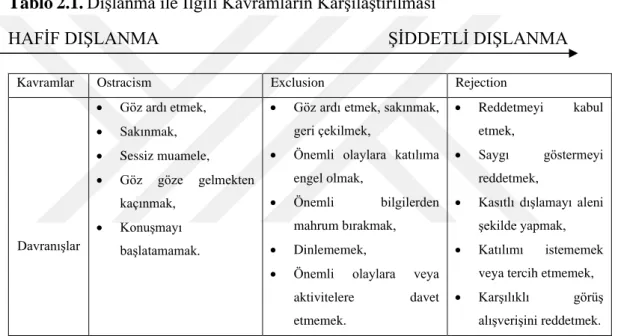 Tablo 2.1. Dışlanma ile İlgili Kavramların Karşılaştırılması