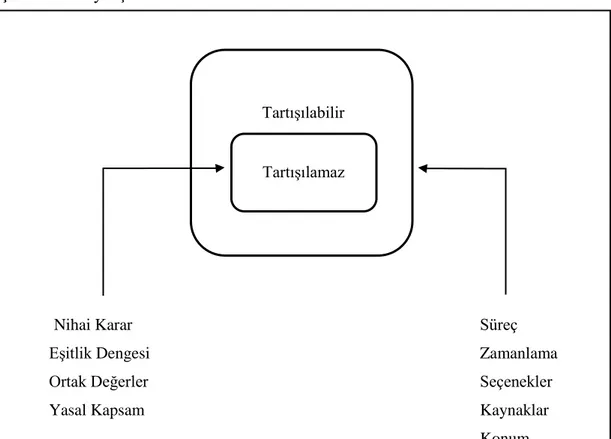 Şekil 1.1'de katılım sürecinin kırmızı çizgileri görülmektedir. Buna göre,  herhangi bir durumda nihai kararlar, eşitlik dengesi, değerler ve yasal kapsamlar  tartışma konusu olmamaktadır