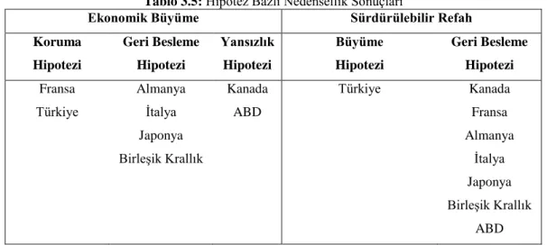 Tablo 3.5: Hipotez Bazlı Nedensellik Sonuçları 