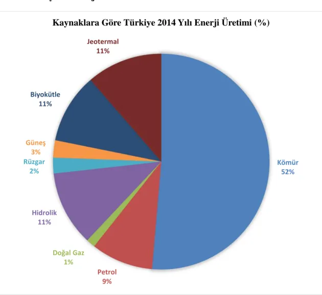 Şekil 1.4. Kaynaklara Göre Türkiye 2014 Yılı Enerji Üretimi Oranları Kaynak: ETKB