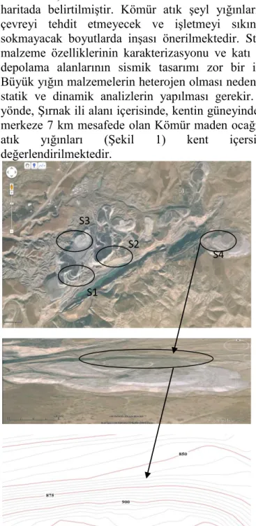 Şekil  1.  Şırnak  İli  Kömür  Ocağı  Yığınlarının  Uydu  Haritası  S4 Topografik Haritası 1/1000