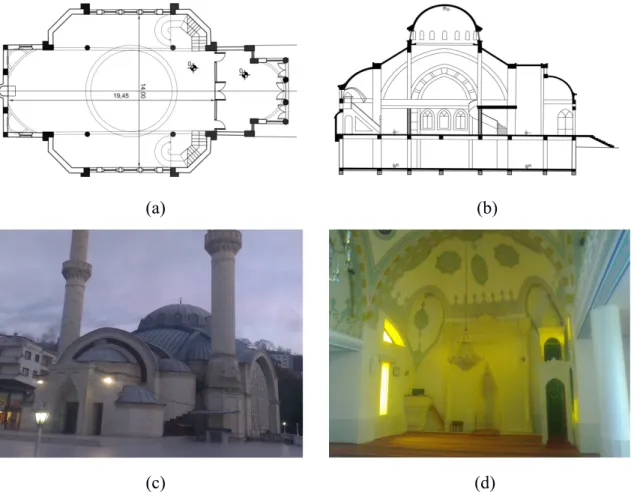 Şekil 1. Yavuz Sultan Selim Camii’nin şekilsel ifadeleri: (a) Caminin planı (YSSCKD, 2014)  (b) Caminin kesiti (YSSCKD, 2014) (c) Caminin dış görünümü (d) Caminin iç görünümü  (İlban, 2016).