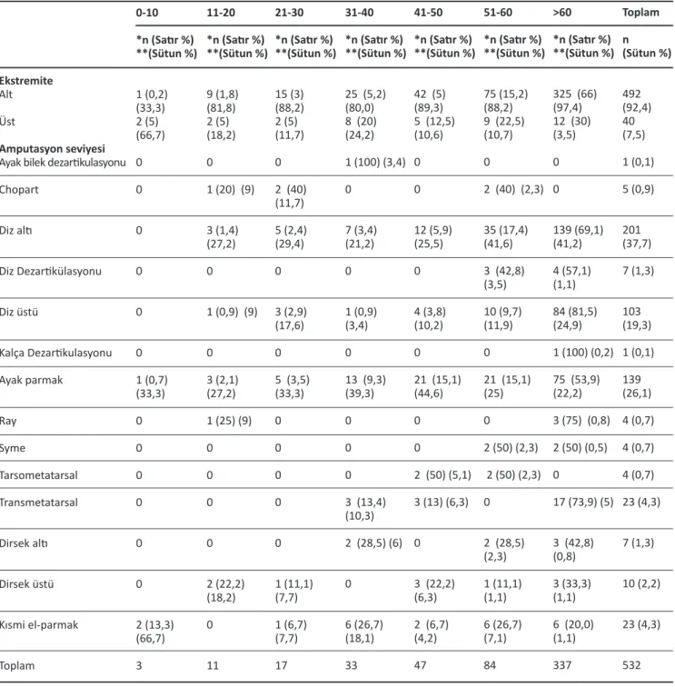 Tablo 4. Amputasyon seviyelerinin yaş gruplarına göre dağılımı.