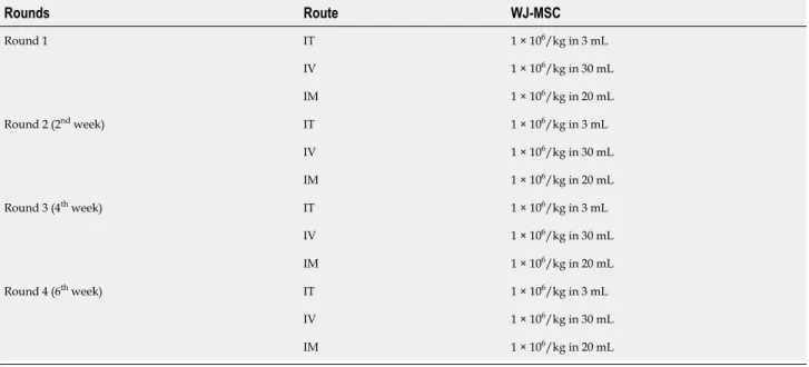 Table 3 Administration schedule Rounds Route WJ-MSC IT 1 × 10 6 /kg in 3 mL IV 1 × 10 6 /kg in 30 mLRound 1 IM 1 × 10 6 /kg in 20 mL IT 1 × 10 6 /kg in 3 mL IV 1 × 10 6 /kg in 30 mLRound 2 (2nd week) IM 1 × 10 6 /kg in 20 mL IT 1 × 10 6 /kg in 3 mL IV 1 × 