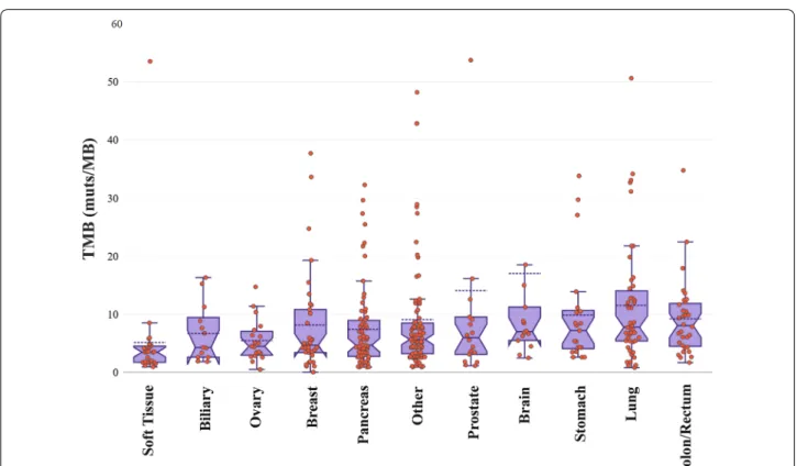 Fig. 8  Box plots showing the median TMB values in various tumor types. Three samples with TMB values > 60 were omitted from the plot for  visualization purposes