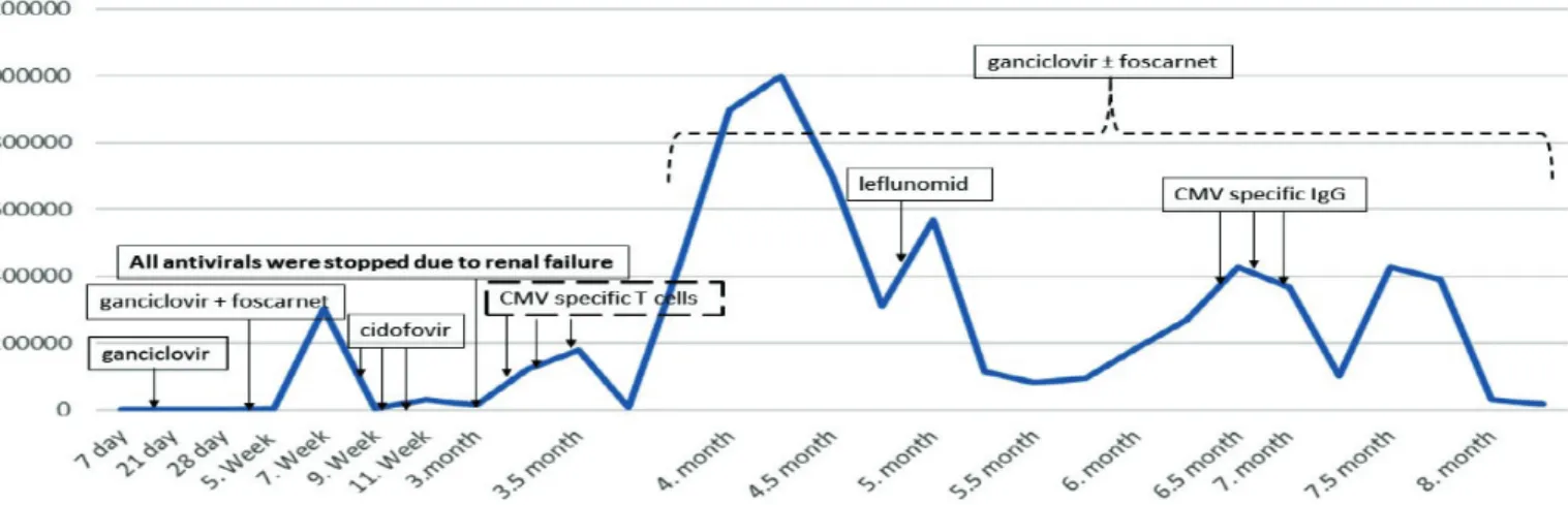 Figure 1. Treatment process according to the course of CMV DNA titer (copies/mL). CMV: Cytomegalovirus.