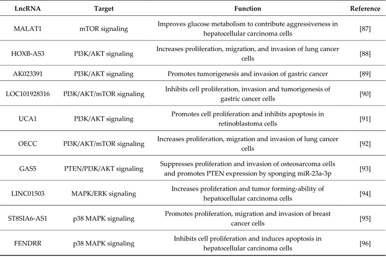 Table 2. lncRNAs in the regulation of signaling pathways and their roles in various cancers [87–96]