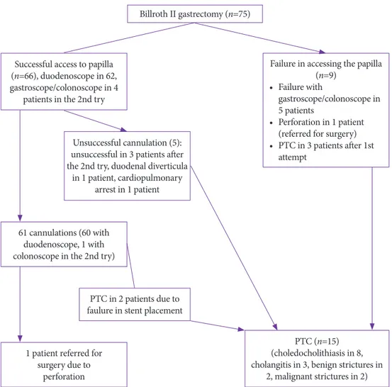 Fig. 1. Flowchart of the 75 patients  who underwent Billroth II gastrectomy.  PTC, percutaneous transhepatic  chol-angiography.