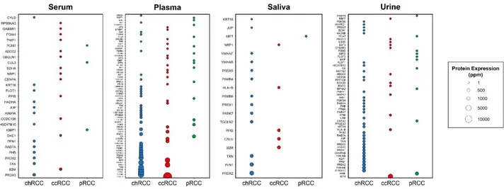 Figure 2. Bubble plots indicating protein expression levels of DIPs specific to three subtypes in different body fluids in- in-cluding serum, plasma, saliva, and urine