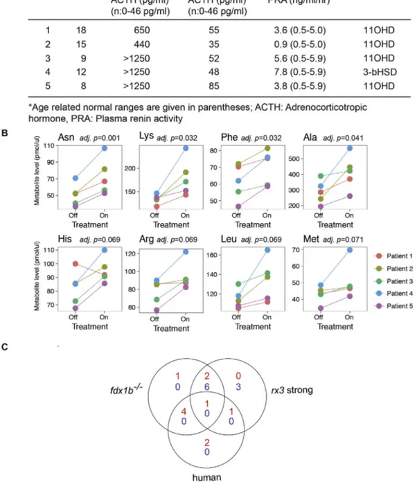 Fig. 7. Amino acid changes in plasma of patients with primary adrenal insufﬁciency overlap with changes observed in fdx1b −/− mutant larvae