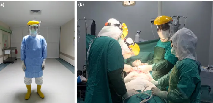 Figure 2. (a) A surgeon who wore enhanced droplet/airborne PPE. (b) The ACS team who worn enhanced droplet/airborne PPE in opera- opera-tion for a patient with suspected COVID-19.