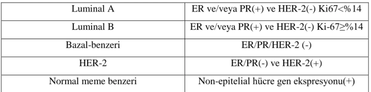 Tablo 1.1 Meme kanserinin moleküler alt tiplerinin sınıflandırılması (Nursal ve ark. 2015)