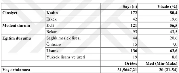 Tablo 3.1. Hemşirelerin sosyodemografik özellikleri (N=214)  