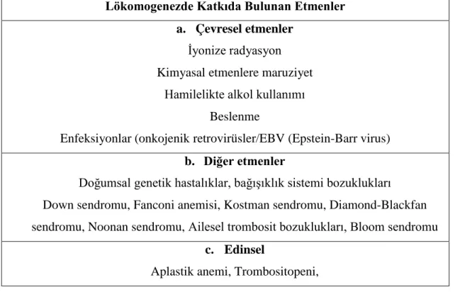 Tablo 1.1. Lökomogenezde Katkıda Bulunan Etmenler  (Çetingül, Aydın, Özbek, &amp;  KarakaĢ, 2011) 