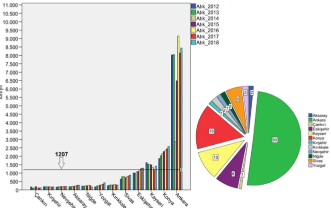 Şekil 5. İç Anadolu Bölgesi illeri 2012-2018 yılları arası tıbbi atık miktarları 