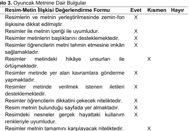 Tablo 3. Oyuncak Metnine Dair Bulgular 