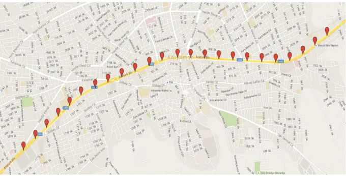Figure 2. Map of the measurement locations made along Atatürk Boulevard in Adıyaman city  centre