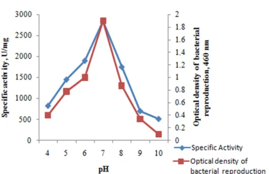Figure 4: Effect of pH on bacterial growth and enzyme production 
