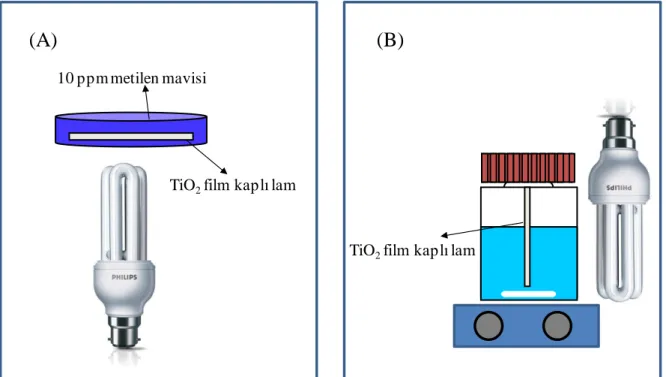 Şekil 1. Fotokatalitik boya bozundurma deney düzeneklerinin şematik gösterimleri (A)  Karışmasız, (B) Karıştırmalı sistem 