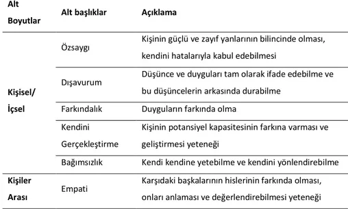 Tablo 1: Bar-On Modeli boyutları ve alt başlıkları 