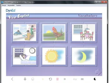 Şekil 12. Dyned Eğitim Yazılımı First English Resimli Alıştırma Ekranı  Ders  anlatım  sürecinde  dersleri  anlatan  İngilizce  öğretmeni  deney  grubunda  öğrencilerin motivasyonlarının daha yüksek ve daha katılımcı bir rol üstlendiklerini  belirtmiştir
