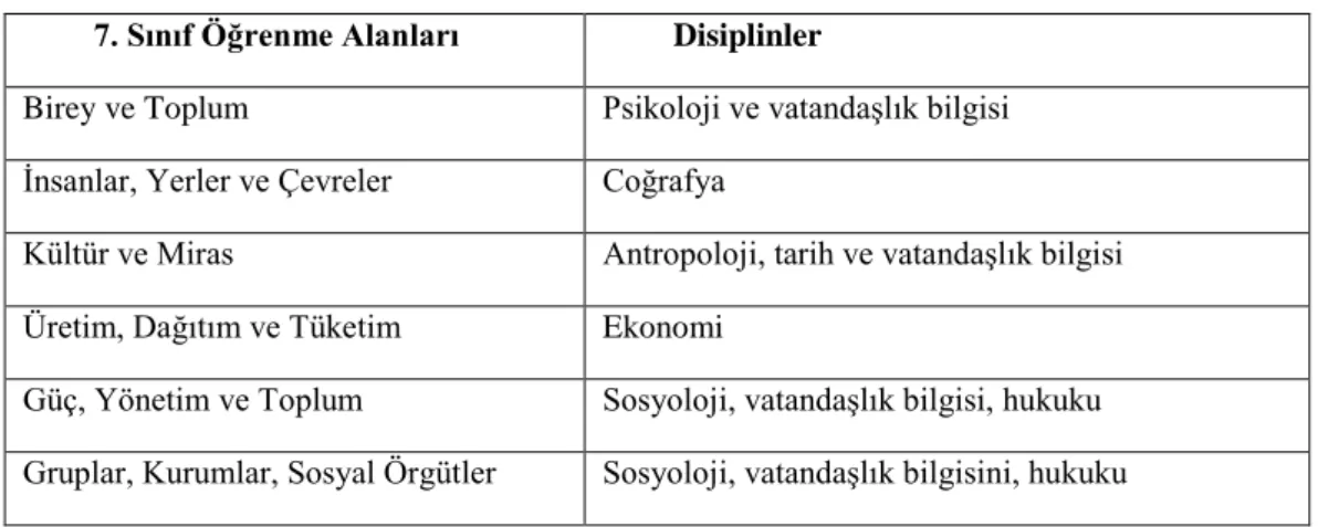 Tablo 4: Öğrenme Alanları ve İlişkilendirildiği Disiplinler(MEB, 2005). 