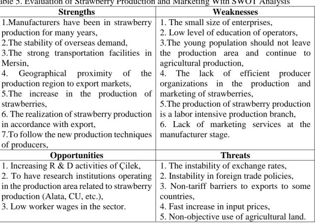 Table 5. Evaluation of Strawberry Production and Marketing With SWOT Analysis 