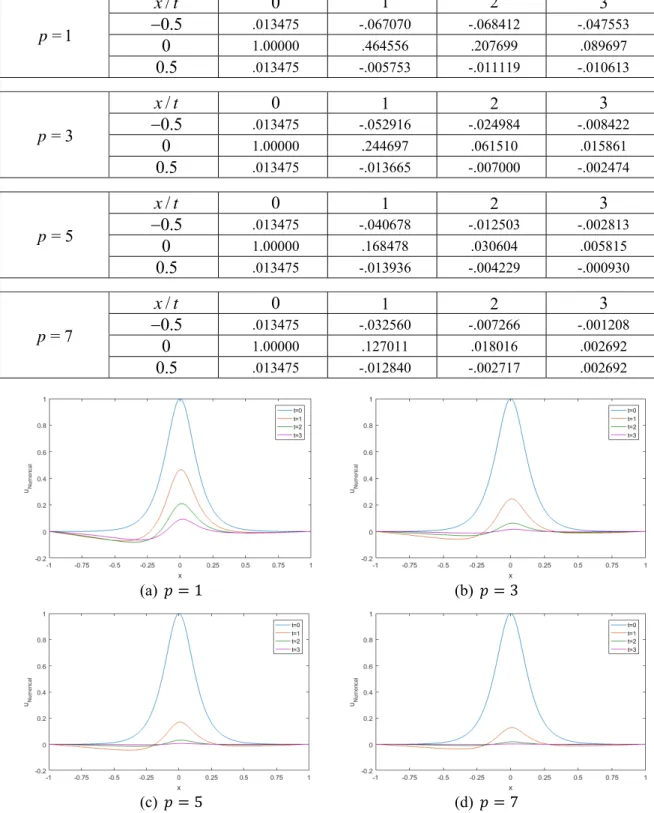 Table 2. Numerical results of Example  1   with different values of  p     = 1p     / x t     0     1     2     3    0.5     .013475     -.067070     -.068412      -.047553    0       1.00000      .464556      .207699      .089697    0.5       .013475    