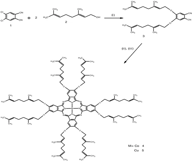 Şekil 1. (i) K 2 CO 3 ,  DMF, Ar; (ii) Co(AcO 2 ) 2 .4H 2 O, DBU, Ar, 300  o C; (iii) Cu(AcO 2 ) 2 .H 2 O,   DBU, Ar, 300  o C.