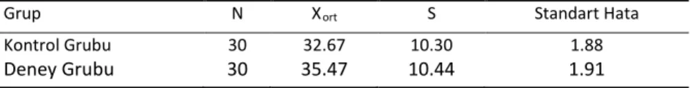 Tablo 6. Uygulama Öncesi Deney ve Kontrol Grubu Başarı Testi Puanları 