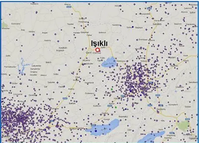 Şekil 5. İnceleme alanı ve çevresinde 1970 - 2015 yılları arasındaki magnitüdü 3 ve daha büyük  deprem kayıtları [26]