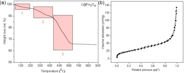 Figure 3: (a) TGA curve of C@Fe 3 O 4 , (b)Nitrogen adsorption-desorption isotherm of C@Fe 3 O 4