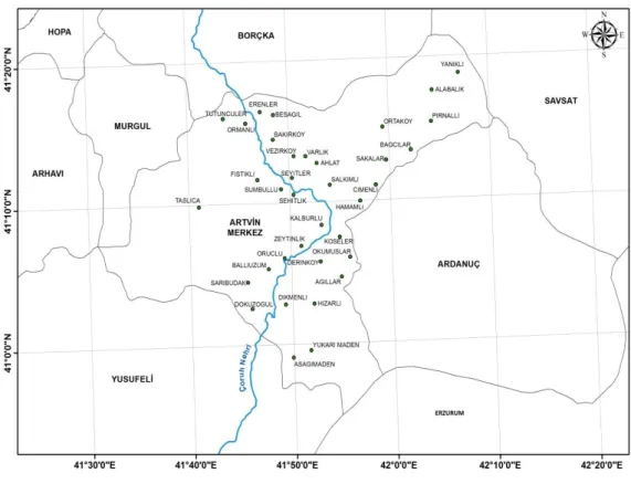 Şekil 1. Çalışma alanındaki köyleri gösteren harita 