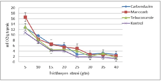 Şekil 2. Karbendazim, mankozeb ve tebukonazol uygulamasının toprağın katalaz enzim  aktivitesi üzerine etkisi 