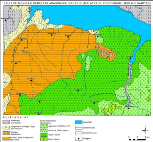 Şekil 4. Ballı ve Memikan Dereleri Arasındaki Sahanın Jeoloji Haritası (MTA’nın 1/100.000  Ölçekli Malatya İ26, İ27 Paftalarından Hazırlanmıştır).