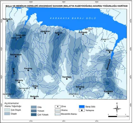 Şekil 7. Ballı ve Memikan Dereleri Arasındaki Sahanın (Malatya Kuzeydoğusu) Akarsu  Yoğunluk Haritası