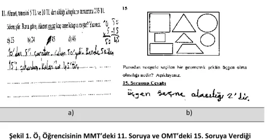 Şekil 1. Ö 1  Öğrencisinin MMT’deki 11. Soruya ve OMT’deki 15. Soruya Verdiği  Cevap  