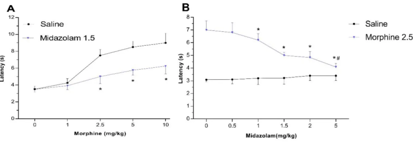 Figure  2  B  illustrates  the  significant  differences  between  the  response  latencies  of  morphine and morphine–midazolam combination injected animals