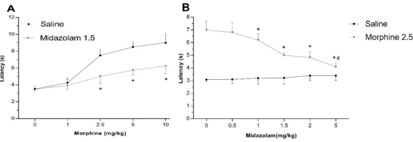 Figure  2  B  illustrates  the  significant  differences  between  the  response  latencies  of  morphine and morphine–midazolam combination injected animals