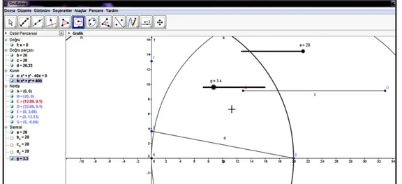 Şekil 9. G5 grubunun Merdiven problemi için oluşturduğu dinamik yapı  Şekil  9’da  görüldüğü  gibi  G5  grubu  koordinat  eksenleri  üzerinde  sabit  uzunluklu birer doğru parçası oluşturmuştur